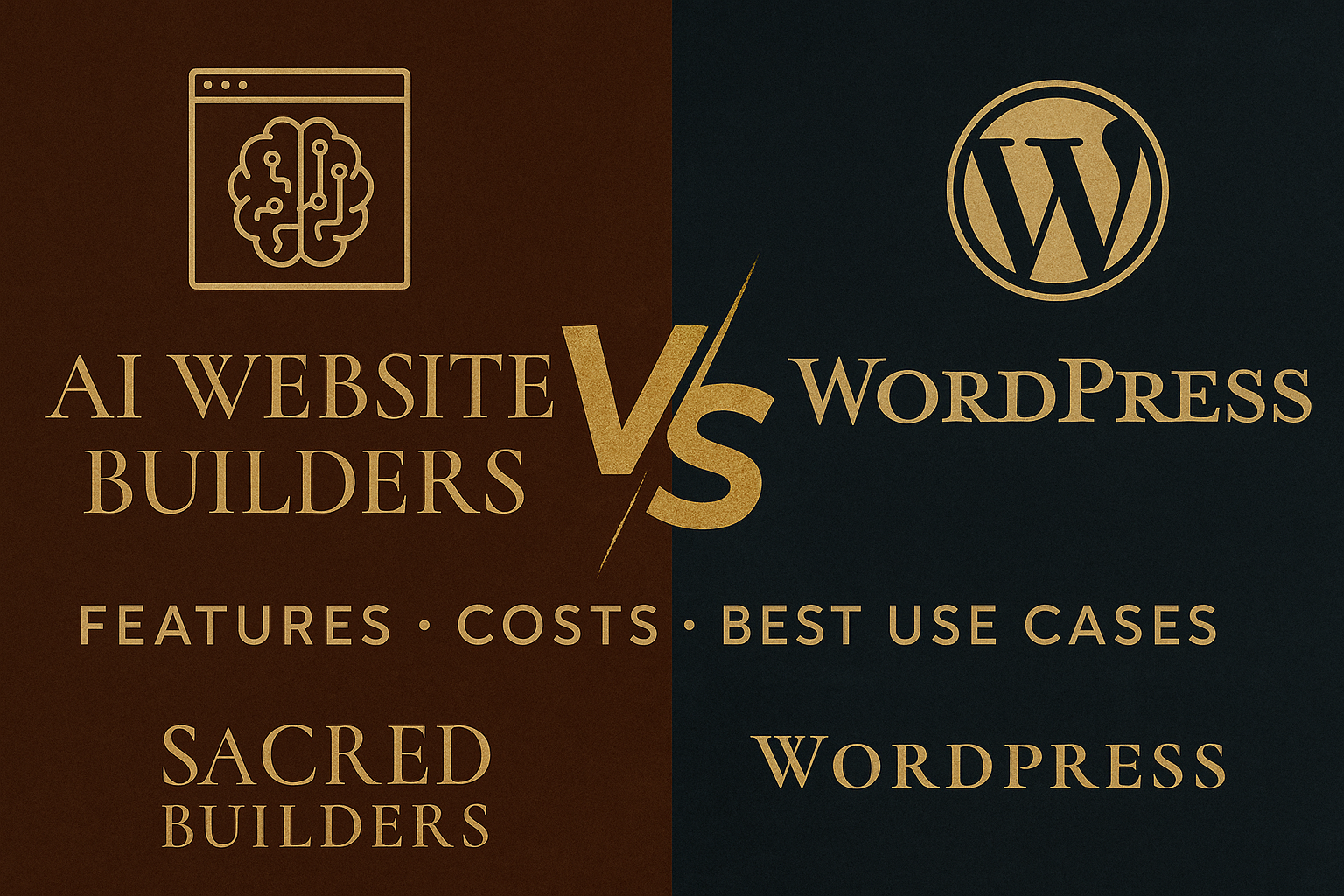 Feature comparison chart of AI website builders vs WordPress, including platform capabilities, pricing, and best use cases.